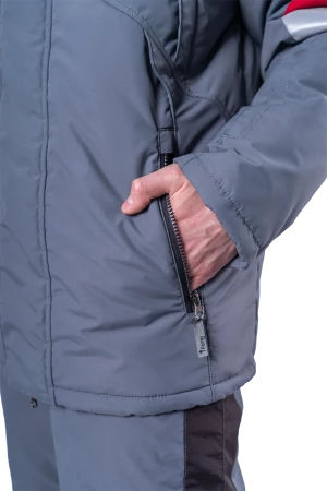 Куртка мужская ХАЙ-ТЕК SAFETY от пониженных температур воздуха и ветра, механических воздействий и ОПЗ, серый/красный/черный Кур 213