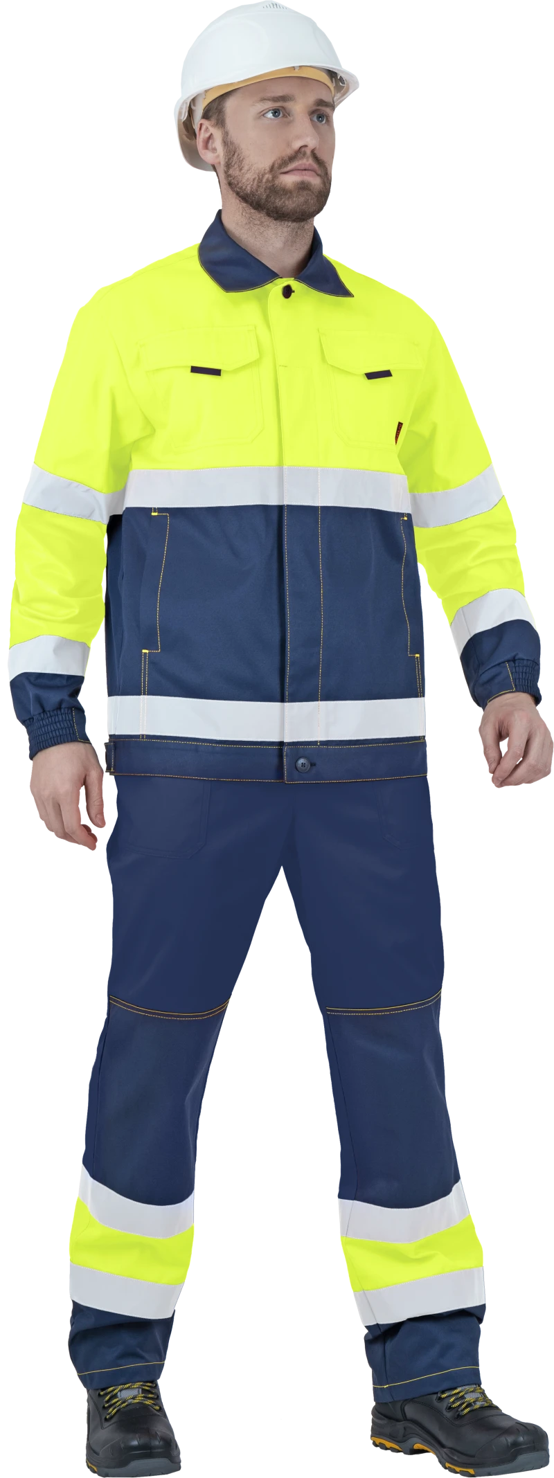 Костюм мужской БРАЙТ сигнальный, от механических воздействий и ОПЗ (куртка, полукомбинезон), флуоресцентный желтый/синий Кос 773