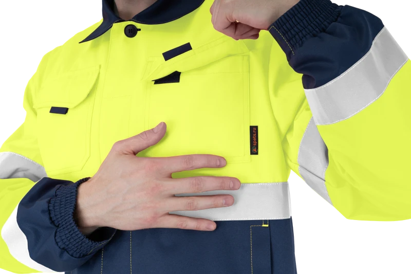 Костюм мужской БРАЙТ сигнальный, от механических воздействий и ОПЗ (куртка, полукомбинезон), флуоресцентный желтый/синий Кос 773