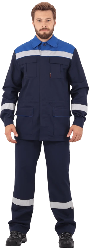 Костюм мужской АНТИСТАТ от механических воздействий и ОПЗ, от статического электричества (куртка, полукомбинезон), темно-синий/василёк Кос 583