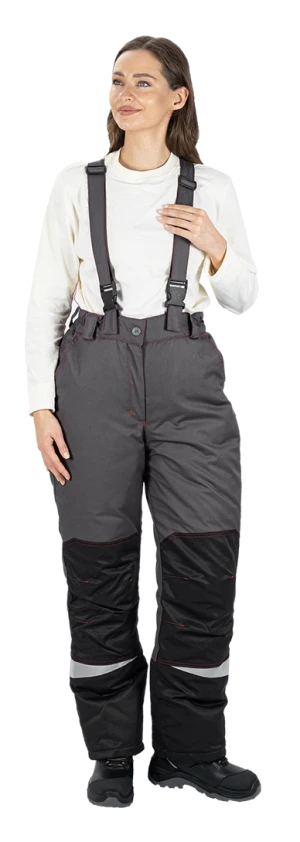 Костюм женский КМ-10 ЛЮКС от пониженных температур воздуха и ветра, механических воздействий и ОПЗ (куртка, брюки), серый/красный/черный