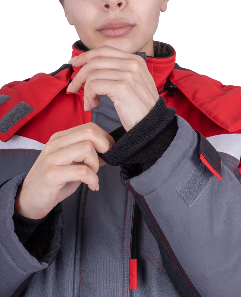 Костюм женский КМ-10 ЛЮКС от пониженных температур воздуха и ветра, механических воздействий и ОПЗ (куртка, брюки), серый/красный/черный Кос 237