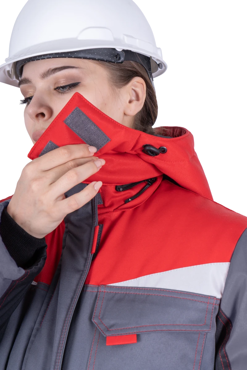 Костюм женский КМ-10 ЛЮКС от пониженных температур воздуха и ветра, механических воздействий и ОПЗ (куртка, брюки), серый/красный/черный Кос 237