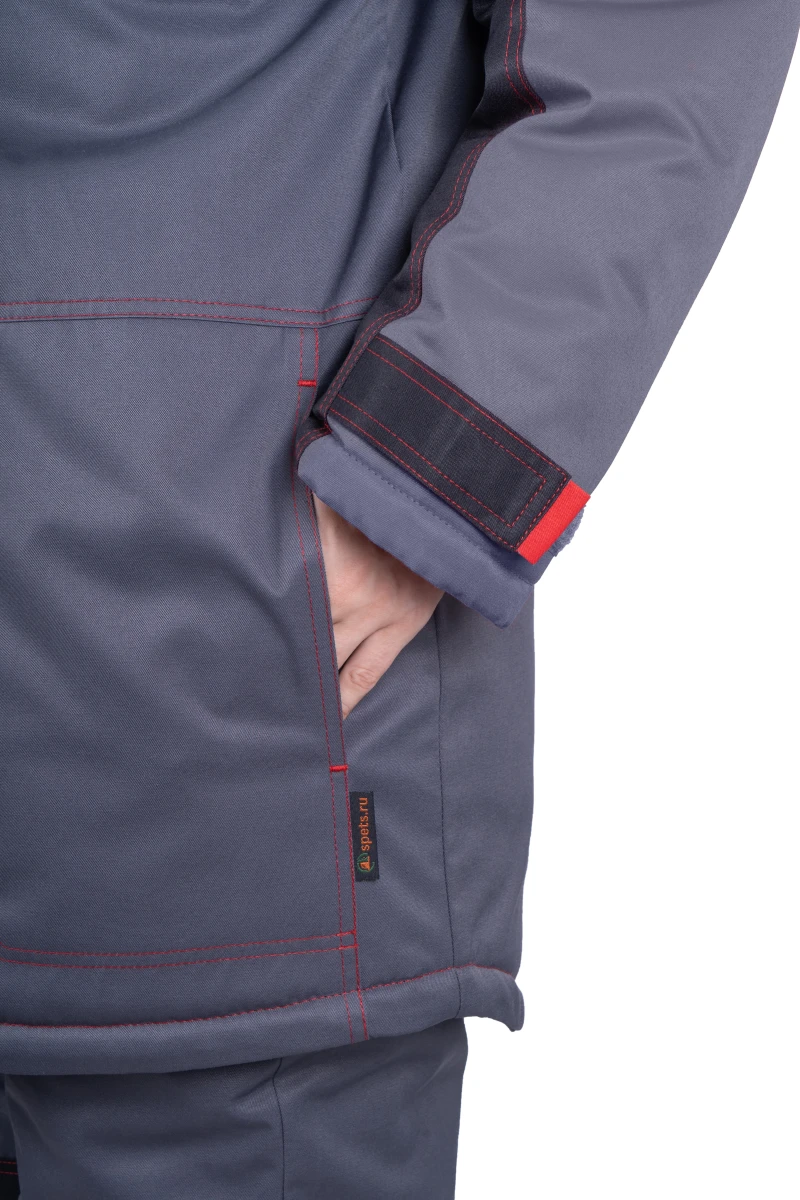Костюм женский КМ-10 ЛЮКС от пониженных температур воздуха и ветра, механических воздействий и ОПЗ (куртка, брюки), серый/красный/черный Кос 237