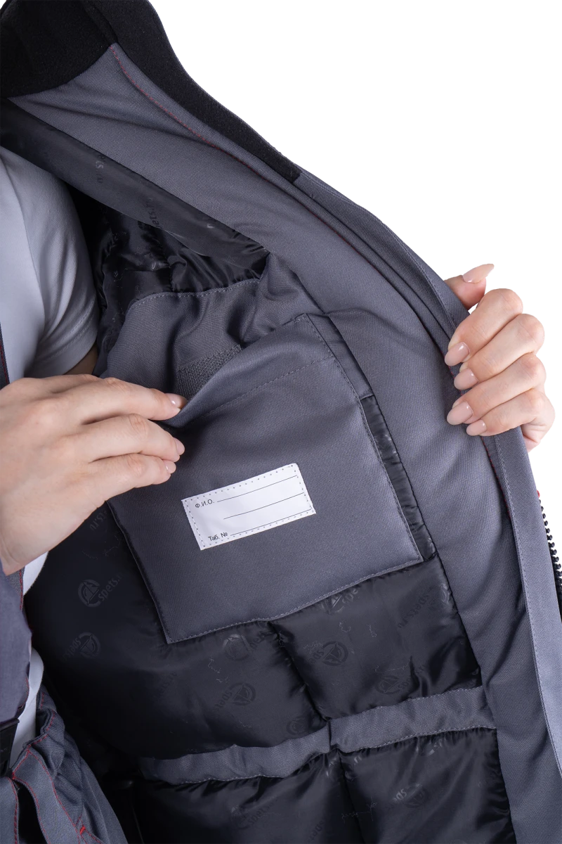 Костюм женский КМ-10 ЛЮКС от пониженных температур воздуха и ветра, механических воздействий и ОПЗ (куртка, брюки), серый/красный/черный Кос 237