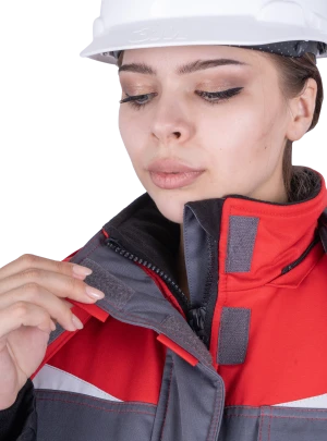 Костюм женский КМ-10 ЛЮКС от пониженных температур воздуха и ветра, механических воздействий и ОПЗ (куртка, брюки), серый/красный/черный Кос 237