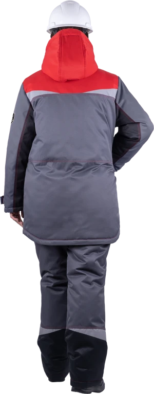 Костюм женский КМ-10 ЛЮКС от пониженных температур воздуха и ветра, механических воздействий и ОПЗ (куртка, брюки), серый/красный/черный Кос 237