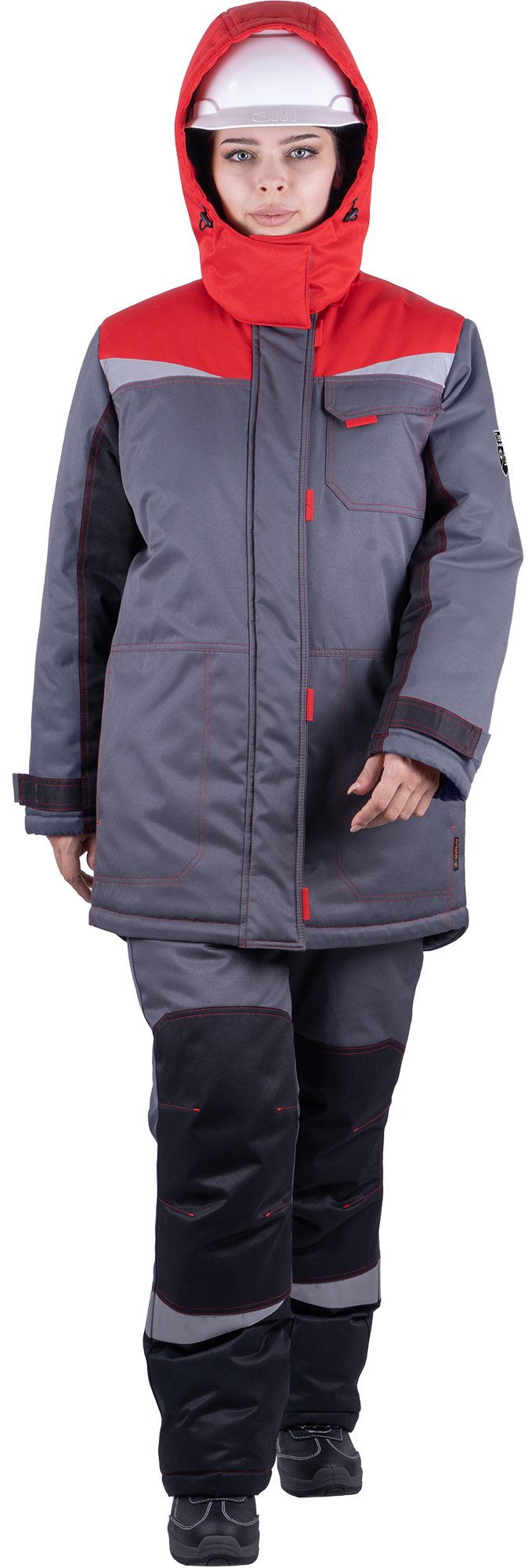 Костюм женский КМ-10 ЛЮКС от пониженных температур воздуха и ветра, механических воздействий и ОПЗ (куртка, брюки), серый/красный/черный Кос 237
