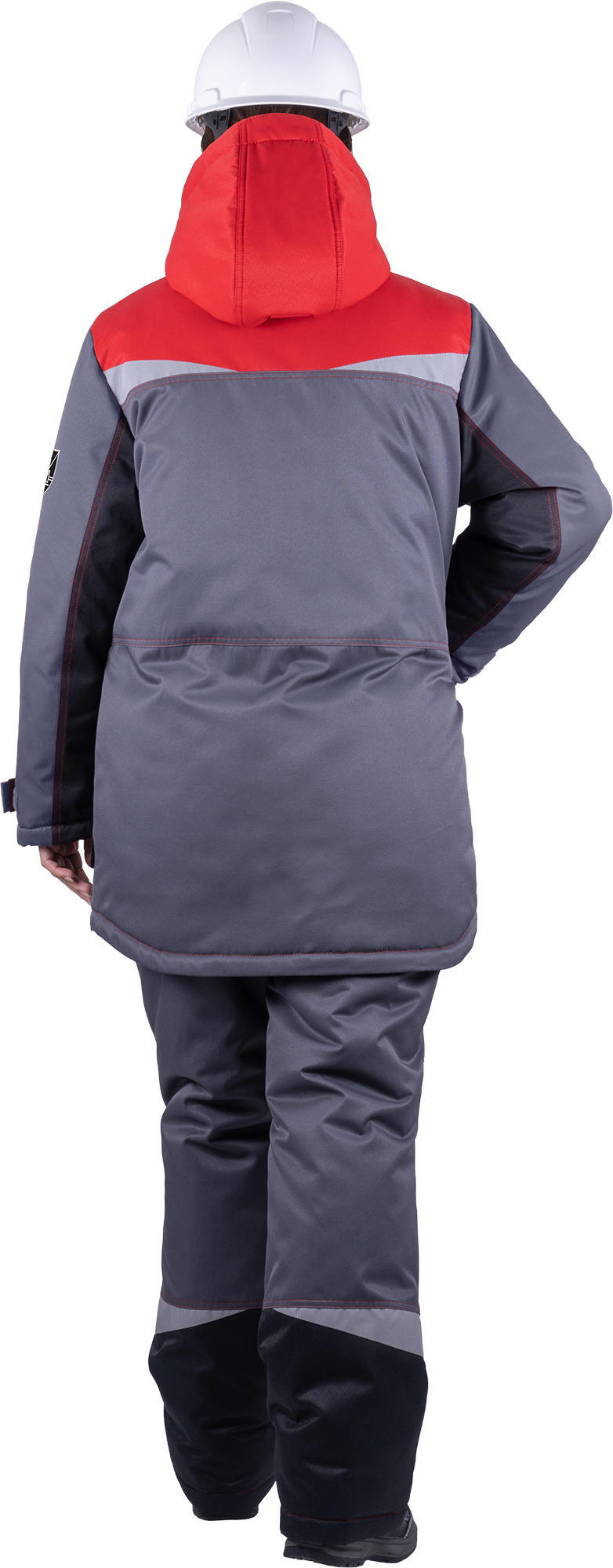 Костюм женский КМ-10 ЛЮКС от пониженных температур воздуха и ветра, механических воздействий и ОПЗ (куртка, брюки), серый/красный/черный Кос 237